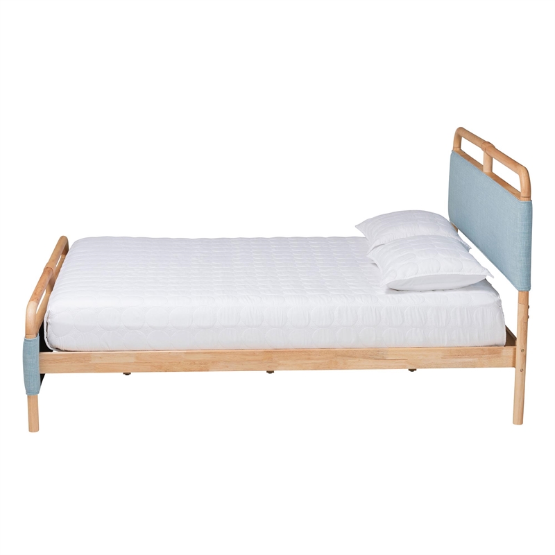 Pemberly Row Baby Blue Fabric and Natural Wood Queen Size Platform Bed