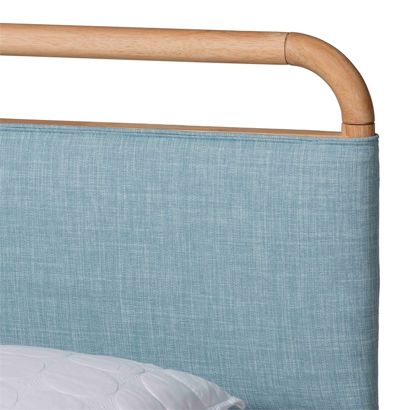 Pemberly Row Baby Blue Fabric and Natural Wood Queen Size Platform Bed