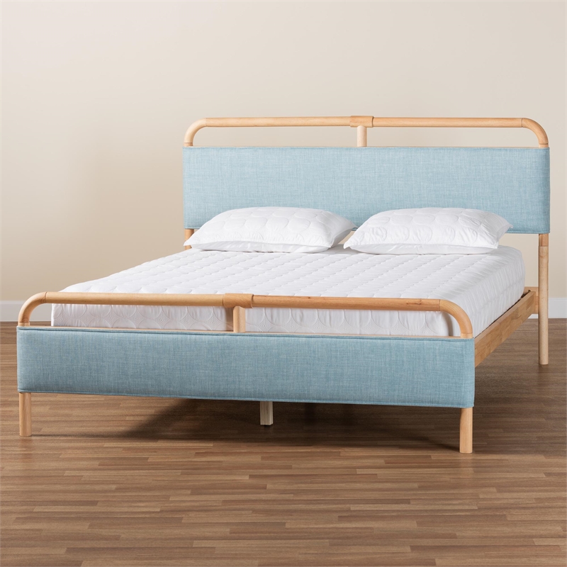 Pemberly Row Baby Blue Fabric and Natural Wood Queen Size Platform Bed