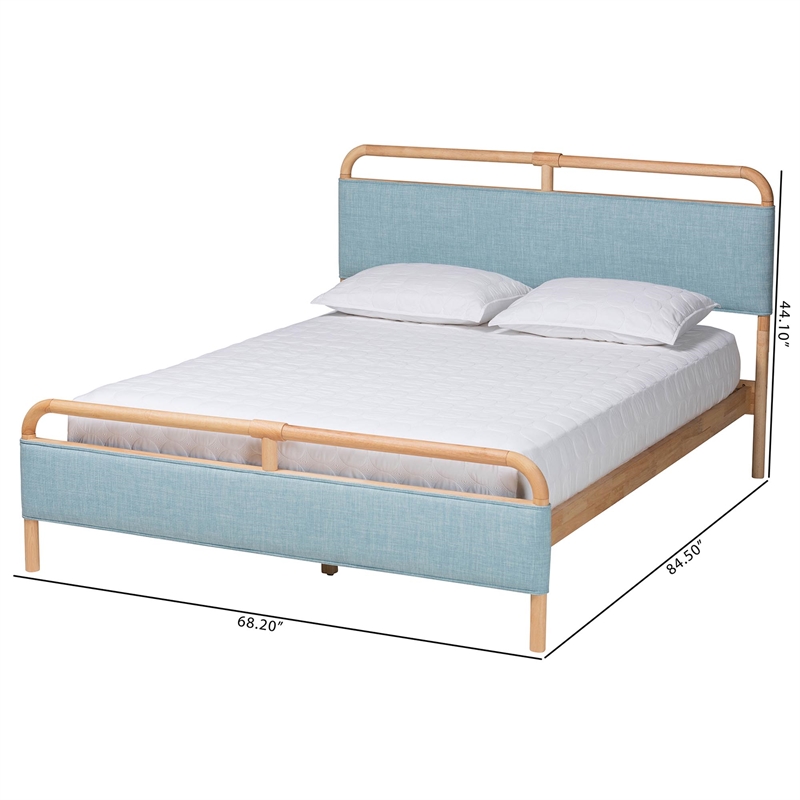 Pemberly Row Baby Blue Fabric and Natural Wood Queen Size Platform Bed