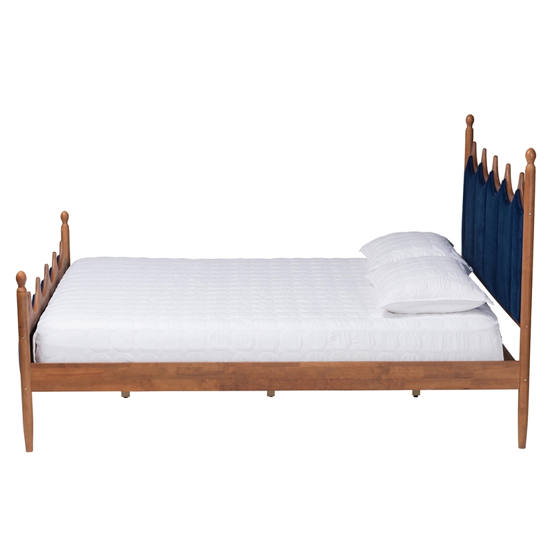 Pemberly Row Blue Velvet Fabric and Brown Wood Queen Size Platform Bed