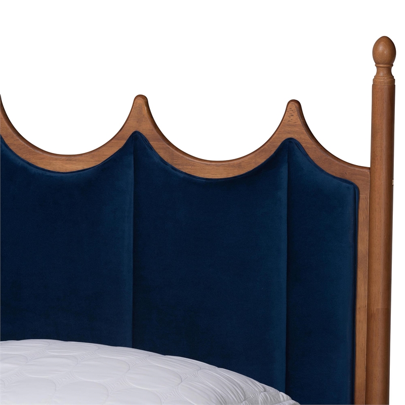Pemberly Row Blue Velvet Fabric and Brown Wood Queen Size Platform Bed