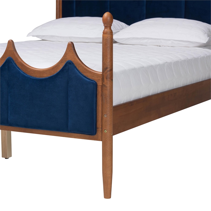 Pemberly Row Blue Velvet Fabric and Brown Wood Queen Size Platform Bed