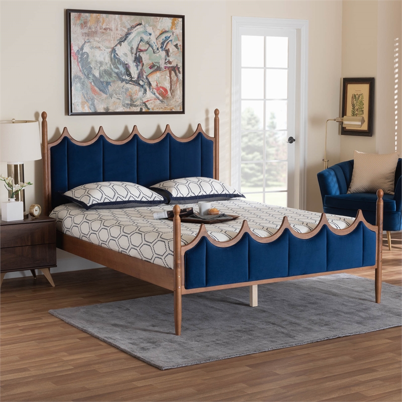 Pemberly Row Blue Velvet Fabric and Brown Wood Queen Size Platform Bed