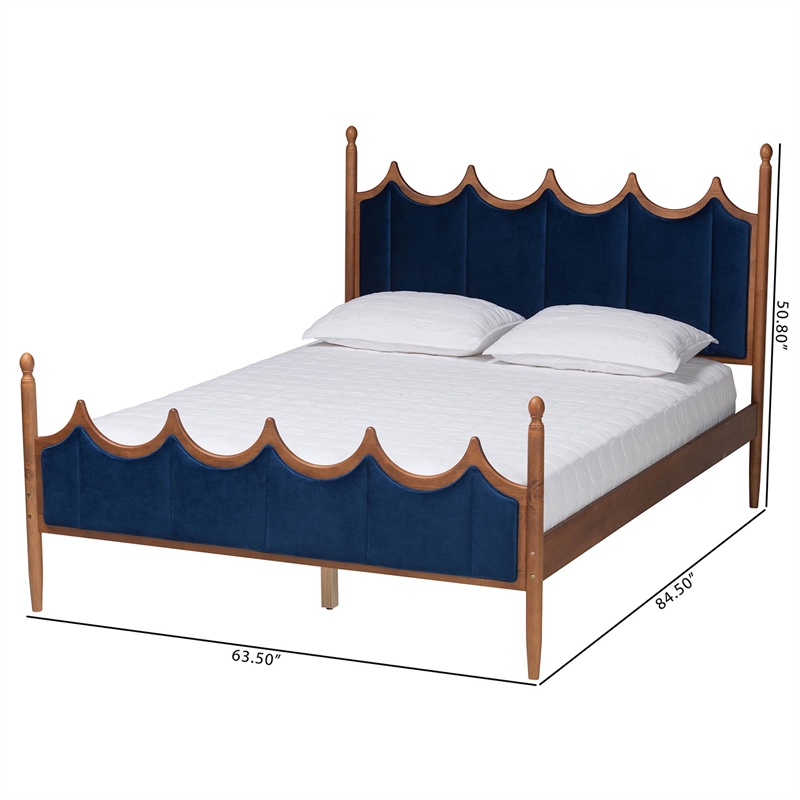 Pemberly Row Blue Velvet Fabric and Brown Wood Queen Size Platform Bed