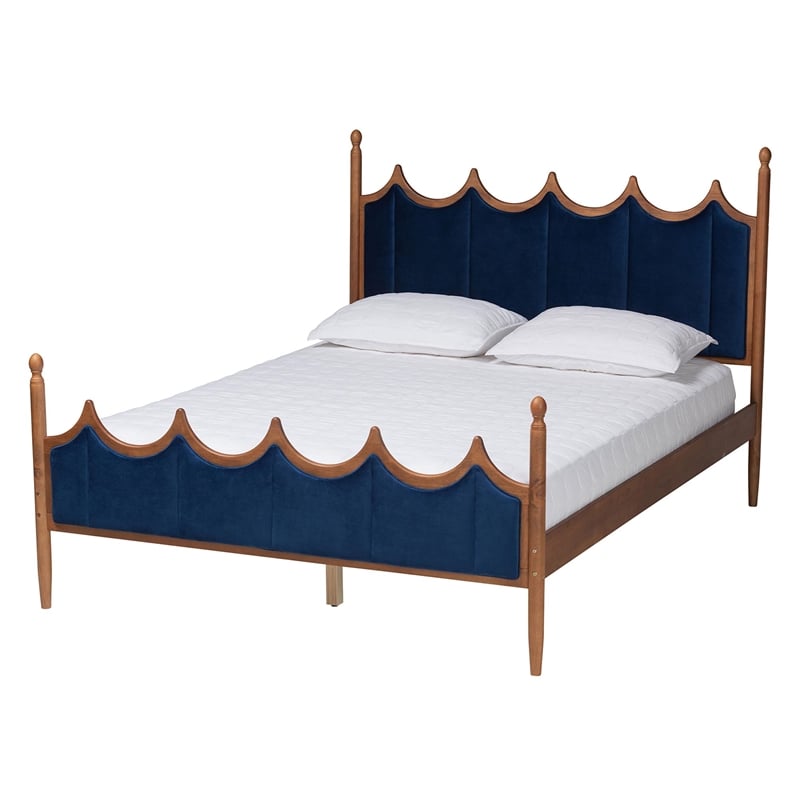 Pemberly Row Blue Velvet Fabric and Brown Wood Queen Size Platform Bed