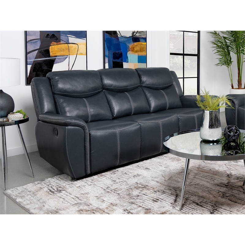 Pemberly Row Faux Leather Motion Reclining Sofa with Drop Down Table Blue