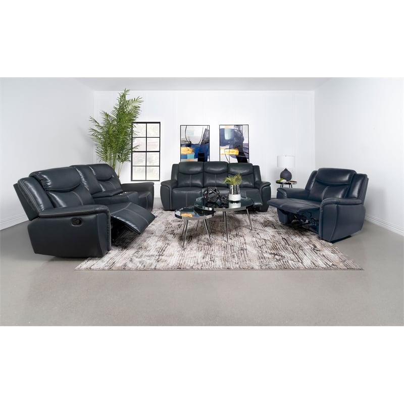 Pemberly Row Faux Leather Motion Reclining Sofa with Drop Down Table Blue