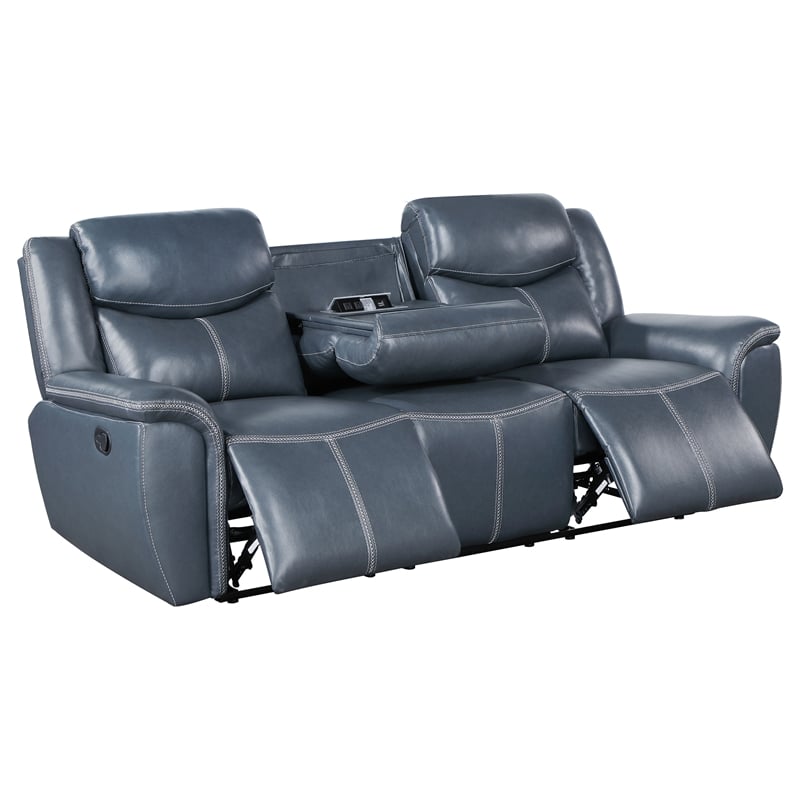 Pemberly Row Faux Leather Motion Reclining Sofa with Drop Down Table Blue