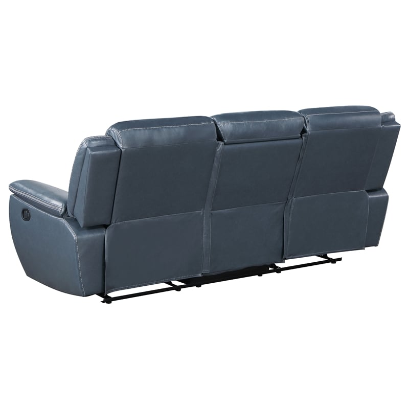Pemberly Row Faux Leather Motion Reclining Sofa with Drop Down Table Blue