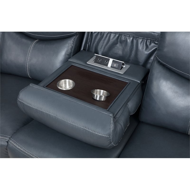 Pemberly Row Faux Leather Motion Reclining Sofa with Drop Down Table Blue