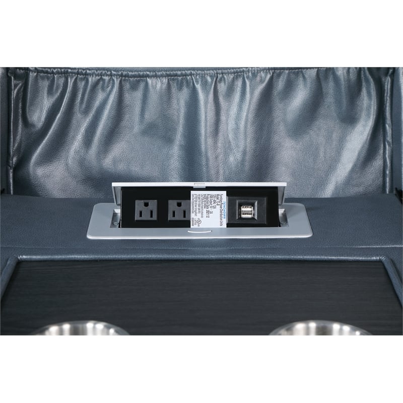 Pemberly Row Faux Leather Motion Reclining Sofa with Drop Down Table Blue