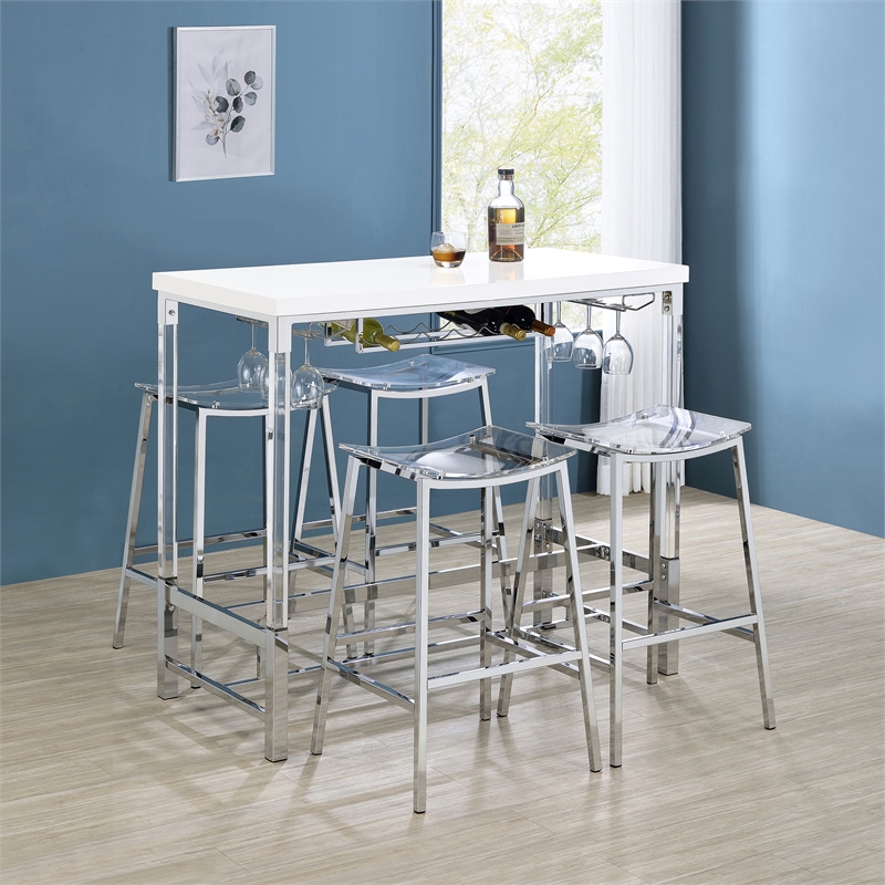 Pemberly Row Wood Pub Height Bar Table with Wine Storage White High Gloss