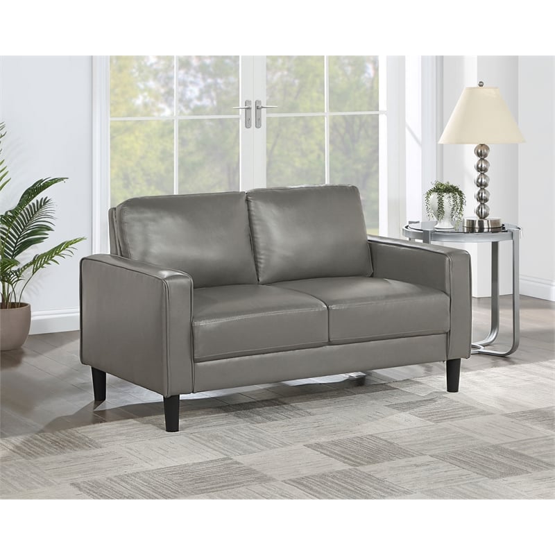 Pemberly Row Faux Leather Upholstered Track Arm Faux Leather Loveseat Gray