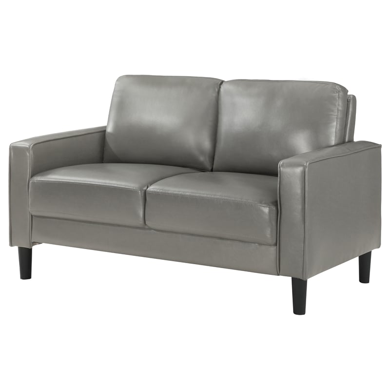 Pemberly Row Faux Leather Upholstered Track Arm Faux Leather Loveseat Gray