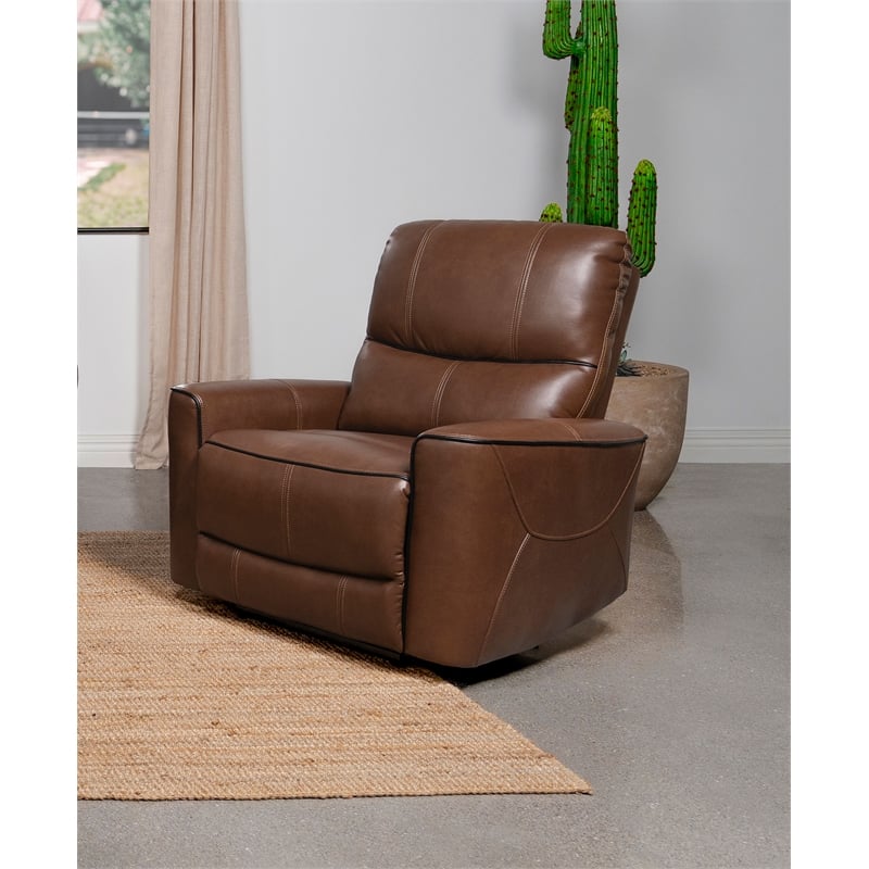 Pemberly Row Modern Faux Leather Power Recliner Chair Saddle Brown