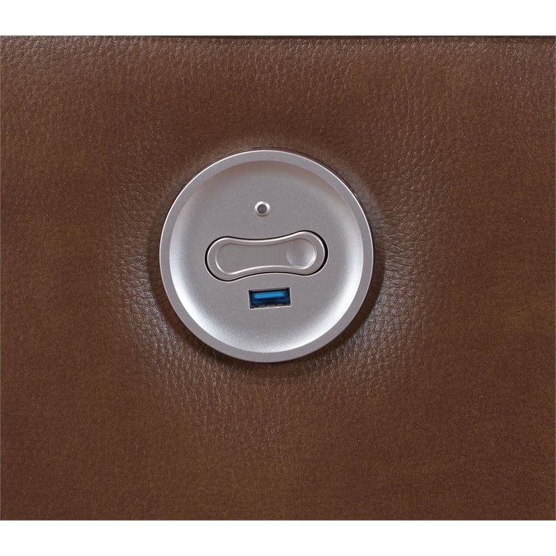 Pemberly Row Modern Faux Leather Power Reclining Sofa Saddle Brown