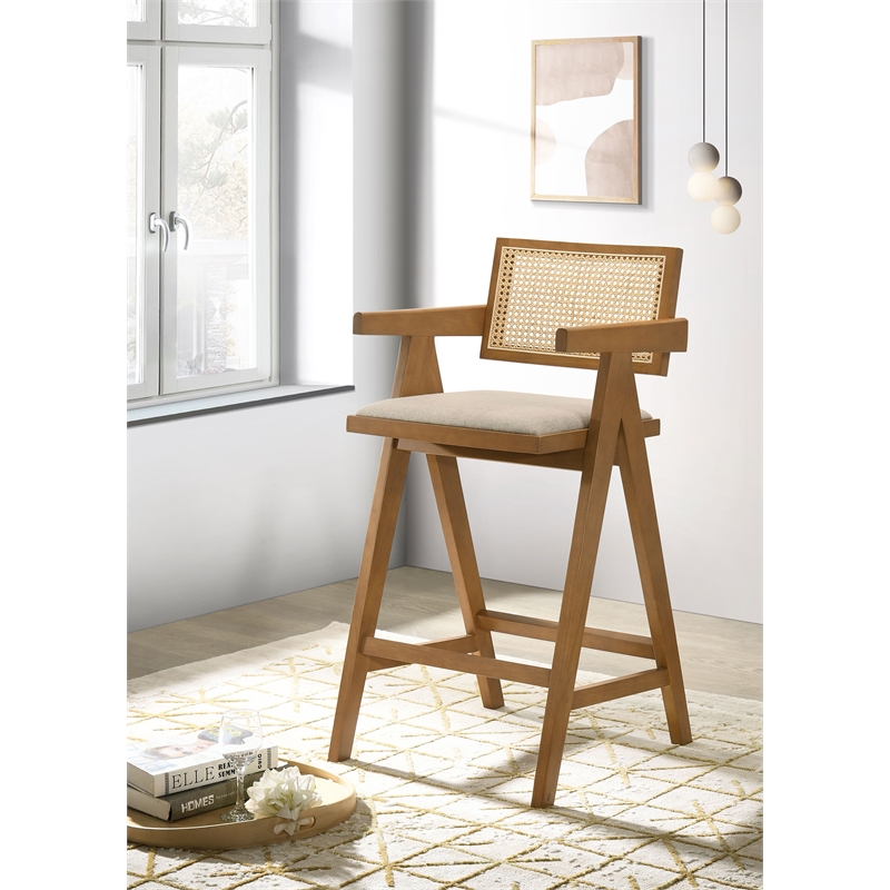 Pemberly Row Solid Wood Bar Stool in Upholstered Seat Light Walnut