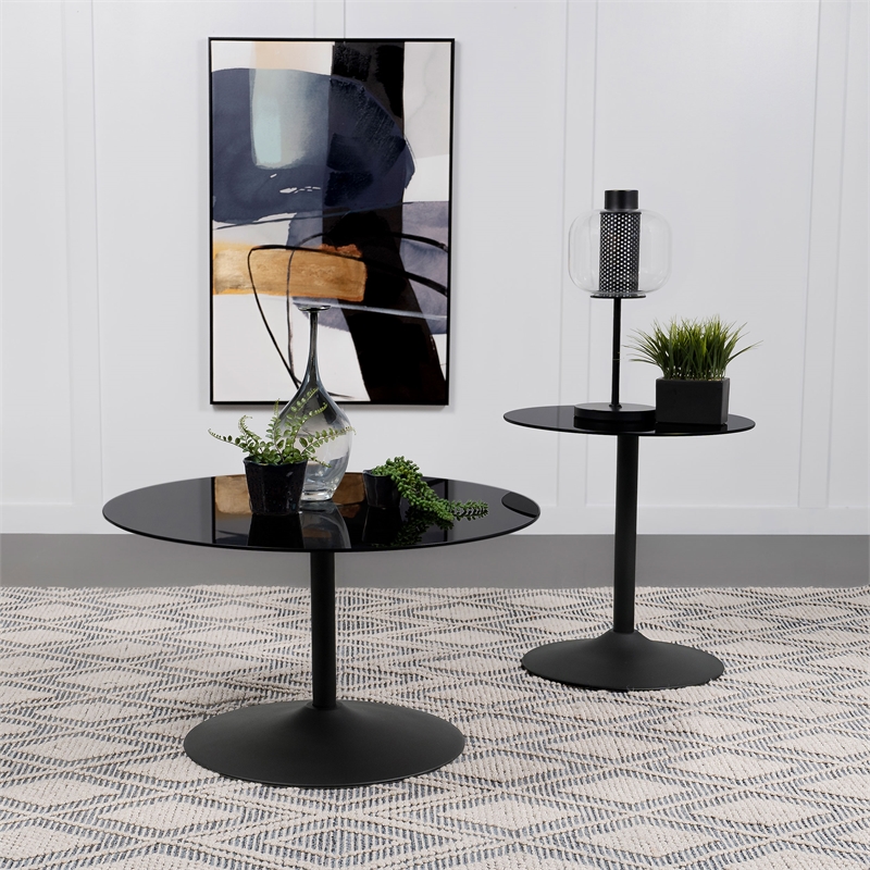 Pemberly Row Round Metal Coffee Table with Tempered Glass Top Black