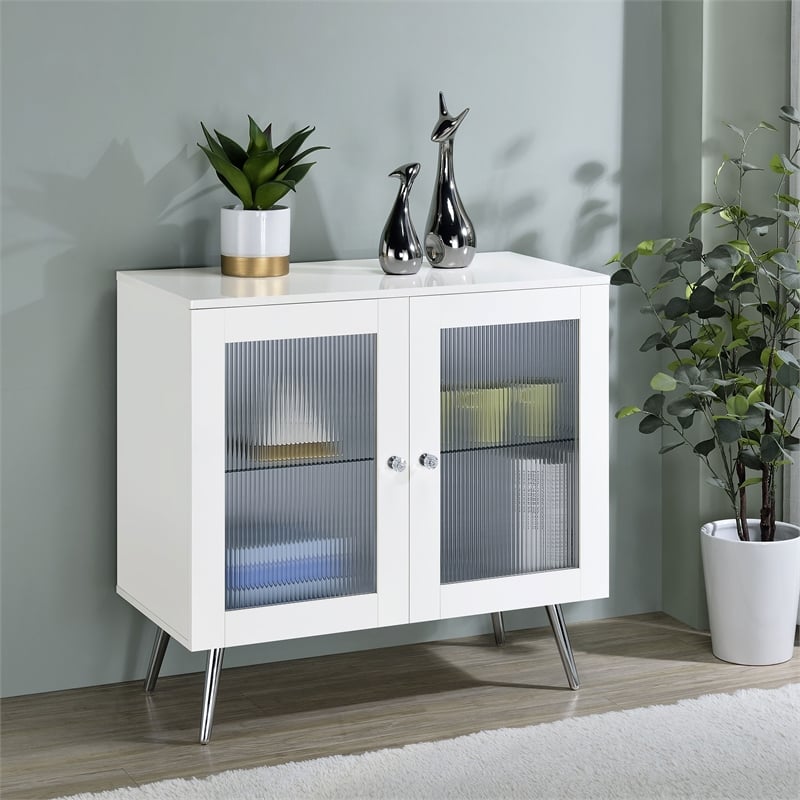 Pemberly Row Wood Accent Cabinet with Glass Shelf White High Gloss and Chrome