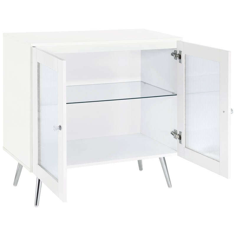 Pemberly Row Wood Accent Cabinet with Glass Shelf White High Gloss and Chrome