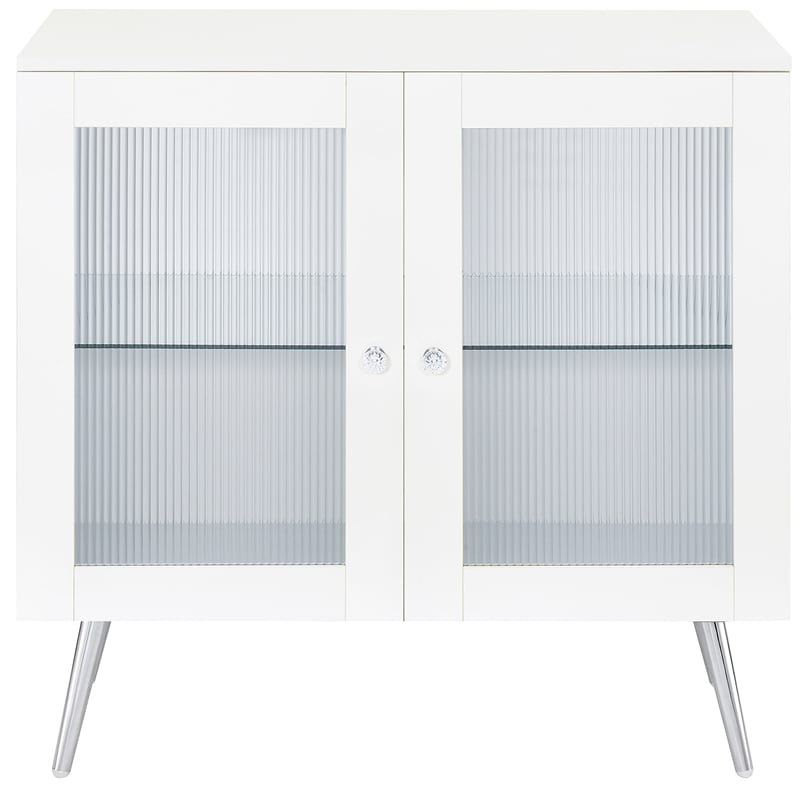 Pemberly Row Wood Accent Cabinet with Glass Shelf White High Gloss and Chrome