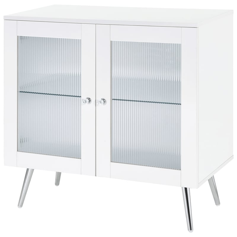 Pemberly Row Wood Accent Cabinet with Glass Shelf White High Gloss and Chrome