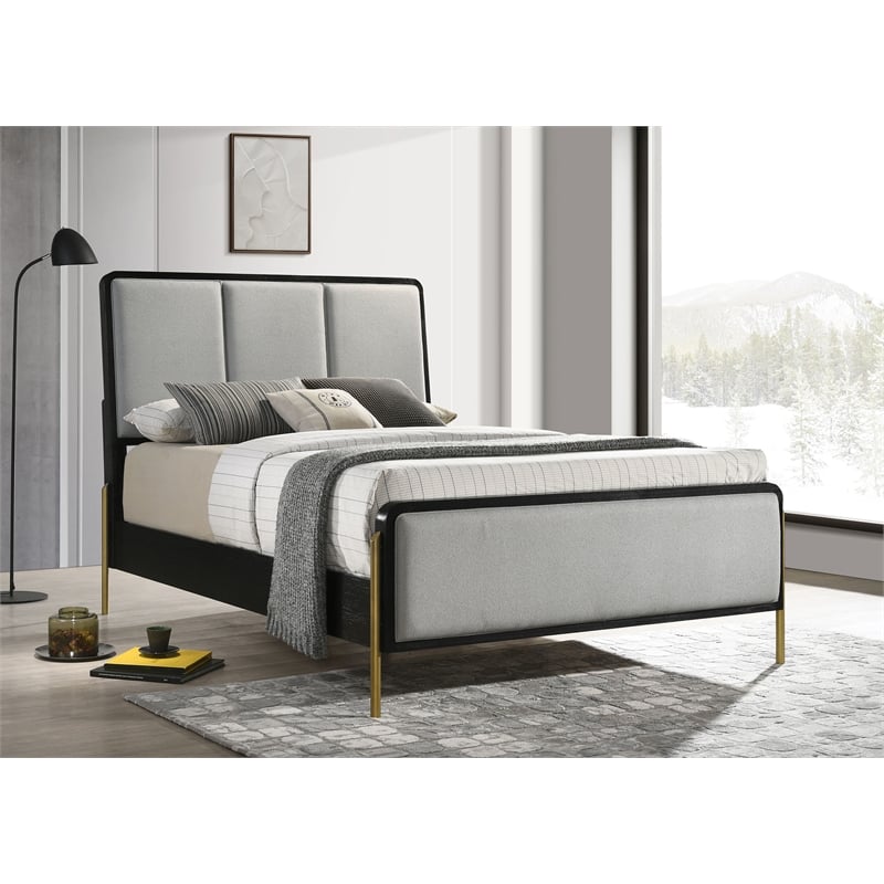 Pemberly Row Eastern King Bed with Fabric Upholstered Headboard Black and Gray