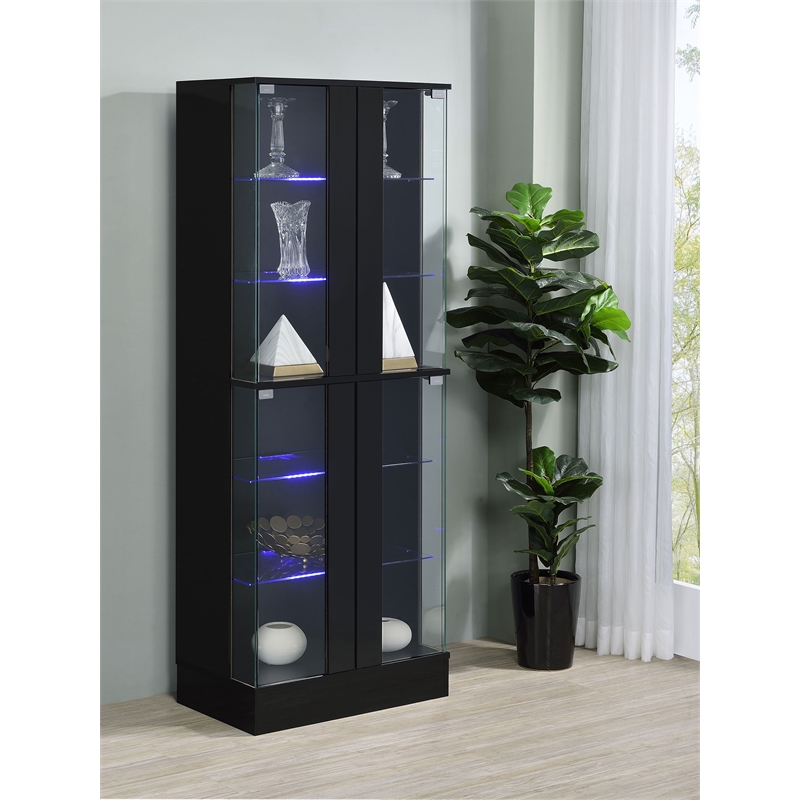 Pemberly Row Wood Display Case Curio Cabinet with LED Lighting Black High Gloss