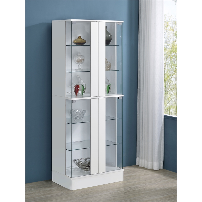 Pemberly Row Wood Display Case Curio Cabinet with LED Lighting White High Gloss