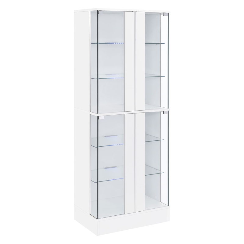 Pemberly Row Wood Display Case Curio Cabinet with LED Lighting White High Gloss