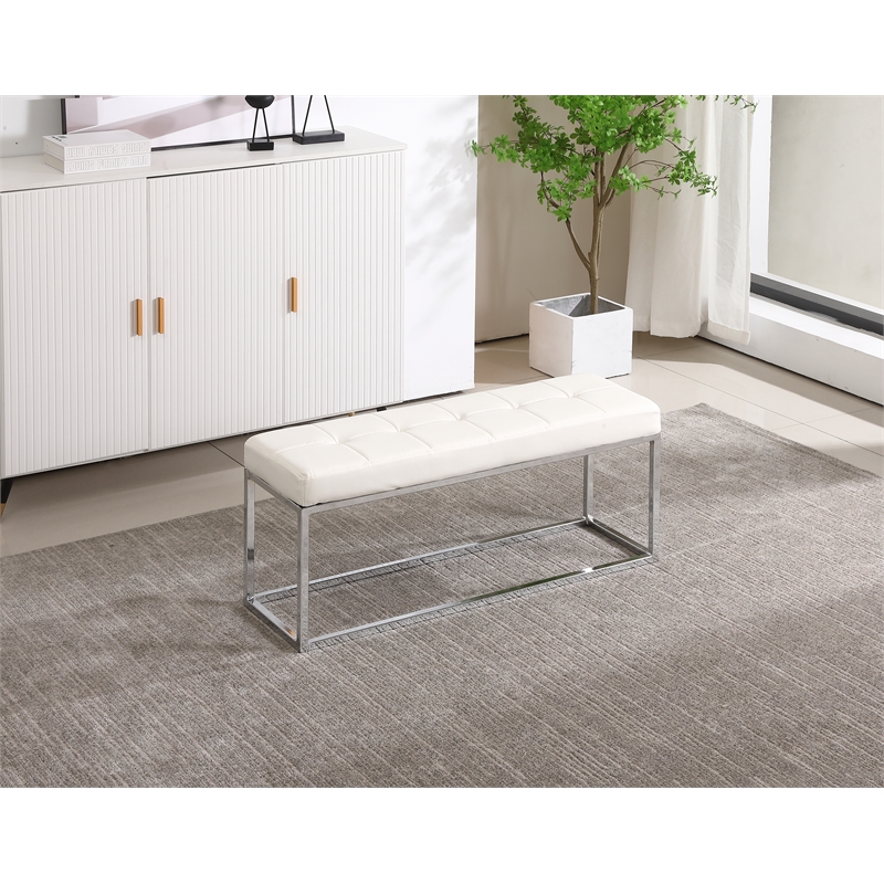Pemberly Row Modern Tufted Metal Bench in White Faux Leather