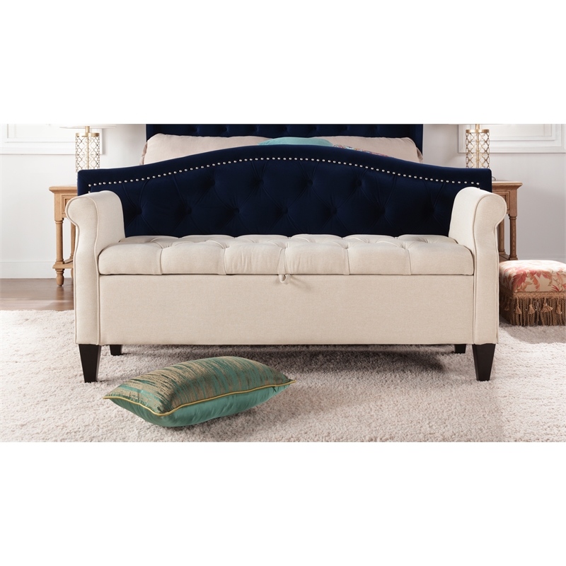 Pemberly Row Modern Tufted Roll Arm Storage Bench Sky Neutral