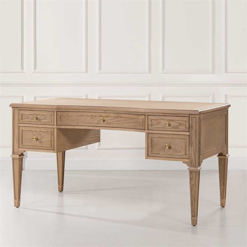Pemberly Row Gold Accent 5-Drawer Wood Executive Desk Natural Brown Wood