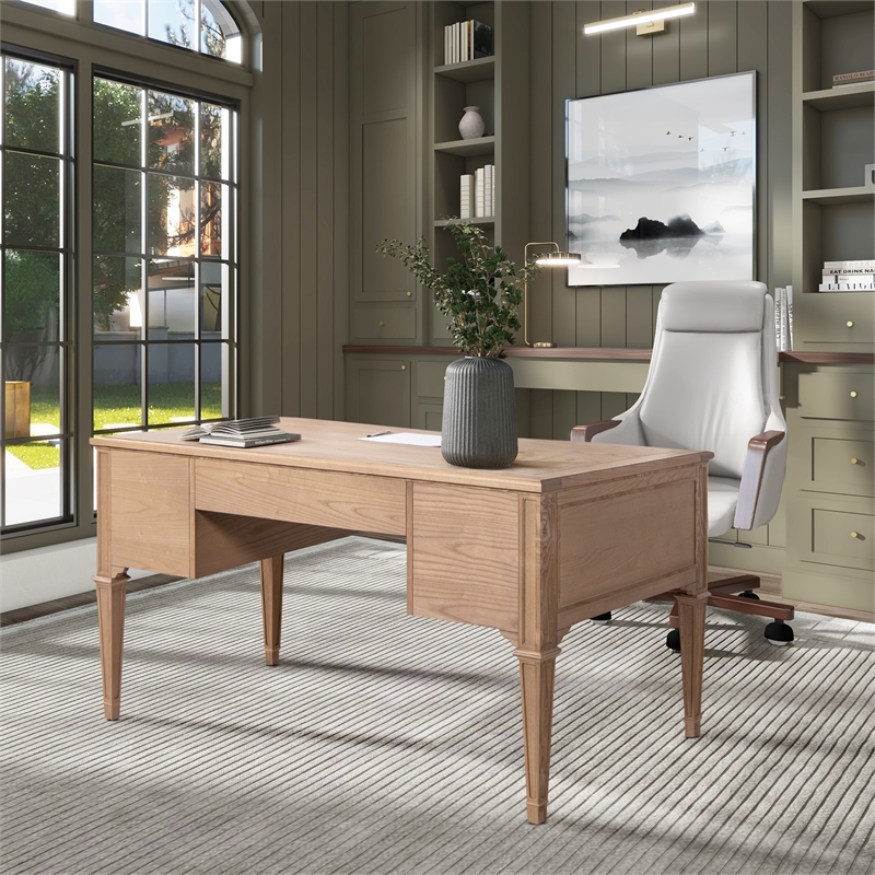 Pemberly Row Gold Accent 5-Drawer Wood Executive Desk Natural Brown Wood