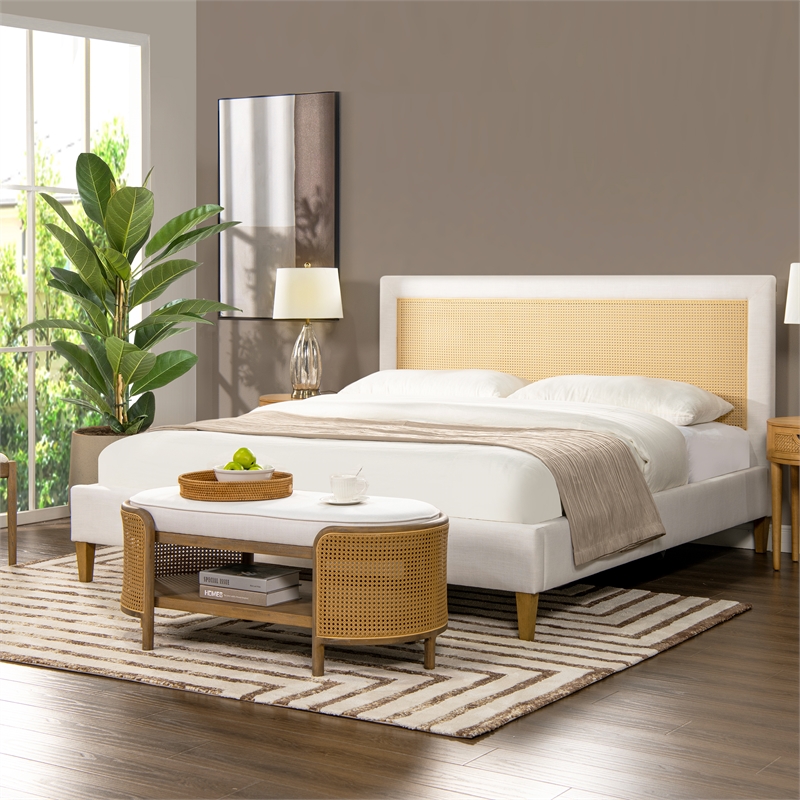 Pemberly Row Upholstered Cane Back Platform Bed King Eggshell White Linen