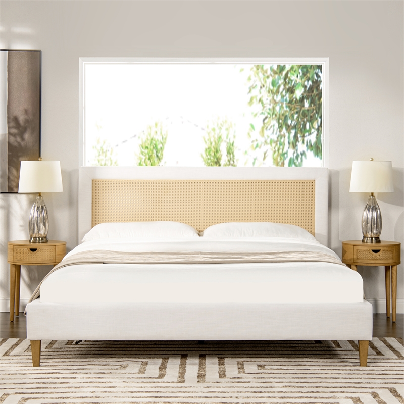 Pemberly Row Upholstered Cane Back Platform Bed King Eggshell White Linen