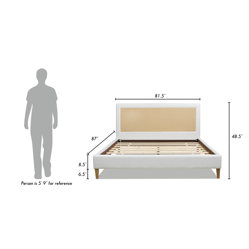 Pemberly Row Upholstered Cane Back Platform Bed King Eggshell White Linen