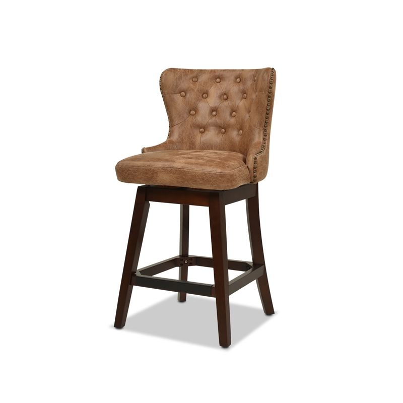 Pemberly Row Tufted High-Back 360 Swivel Counter-Height Barstool Tan Brown