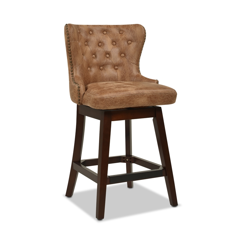 Pemberly Row Tufted High-Back 360 Swivel Counter-Height Barstool Tan Brown