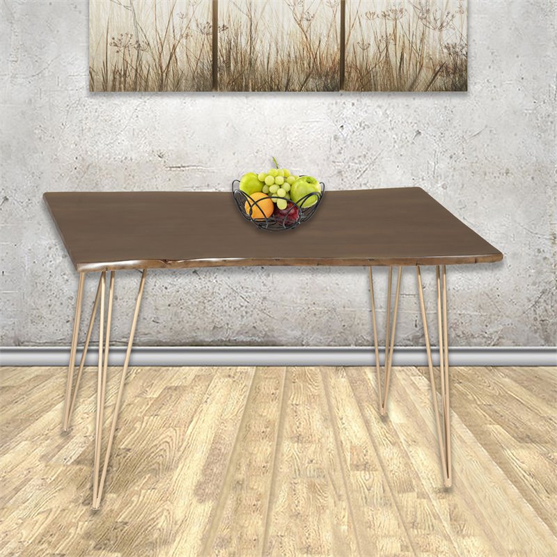 Pemberly Row Contemporary Live Edge Dining Table in Elm and Gold