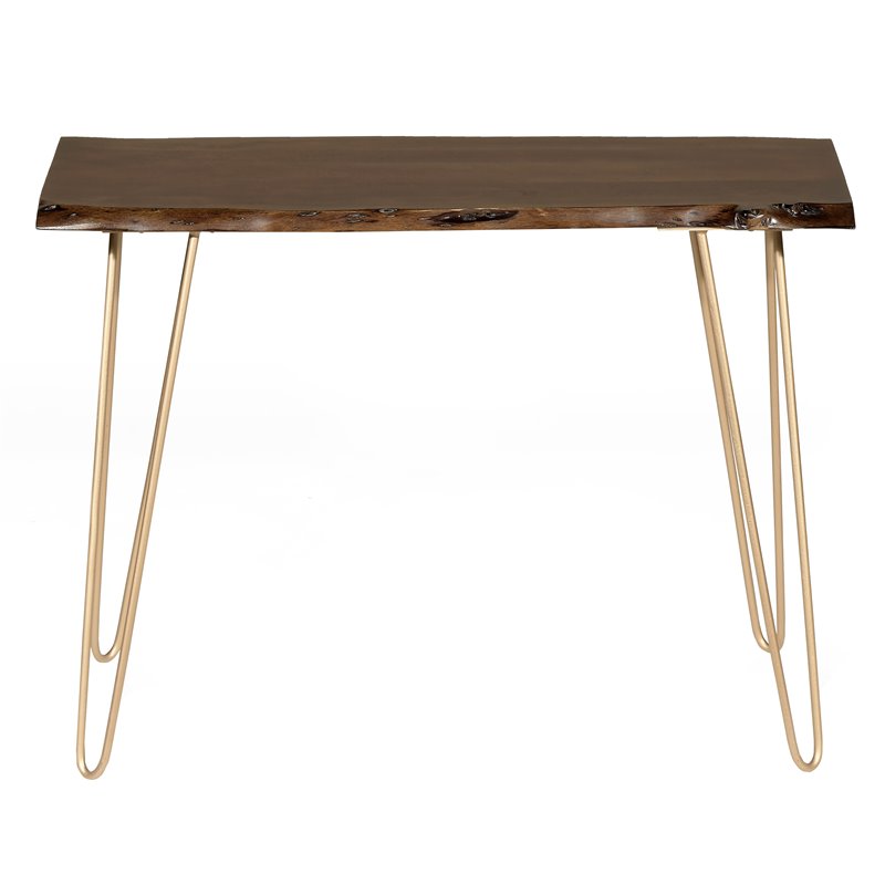 Pemberly Row Contemporary Live Edge Console Table in Elm and Gold