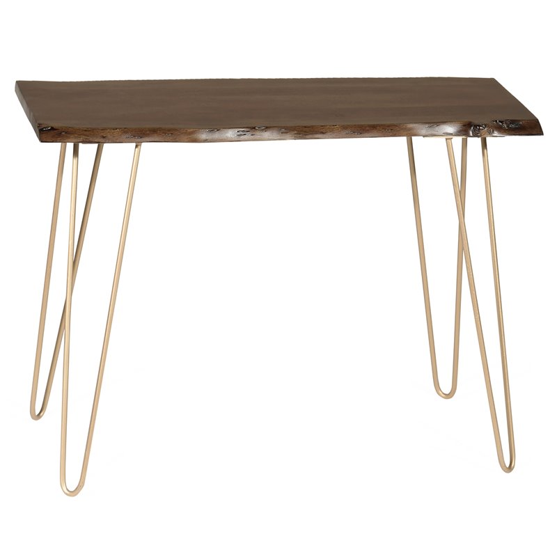 Pemberly Row Contemporary Live Edge Console Table in Elm and Gold