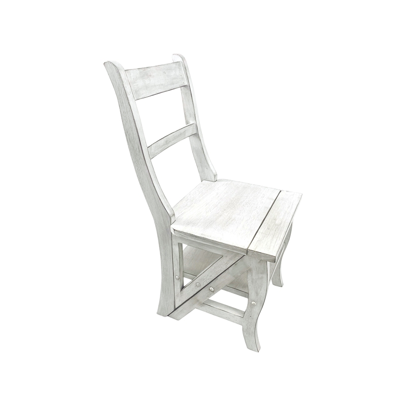 Pemberly Row Contemporary Antique Folding Library Ladder Chair in White