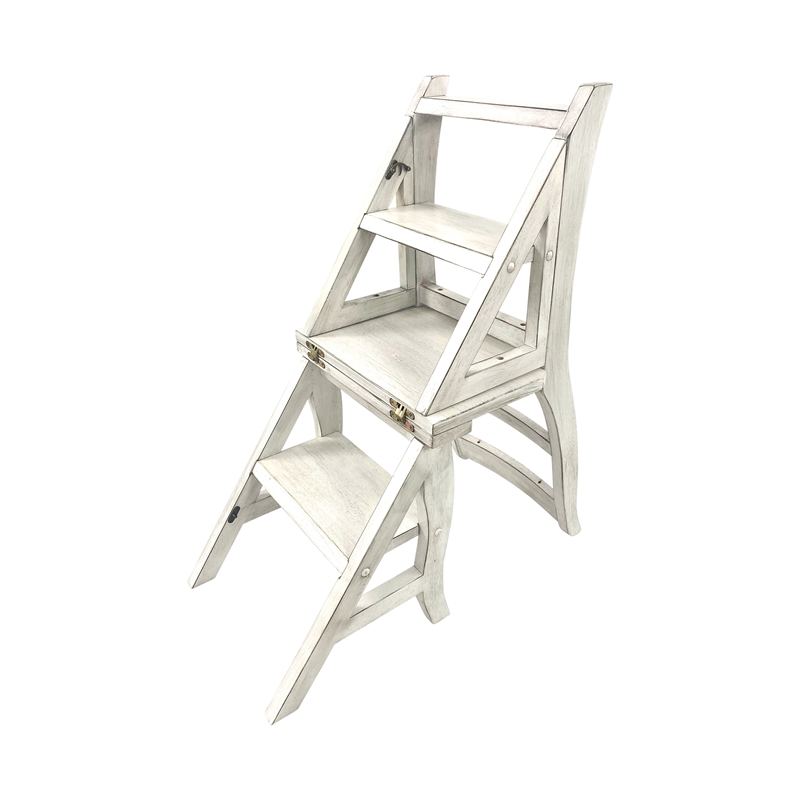 Pemberly Row Contemporary Antique Folding Library Ladder Chair in White