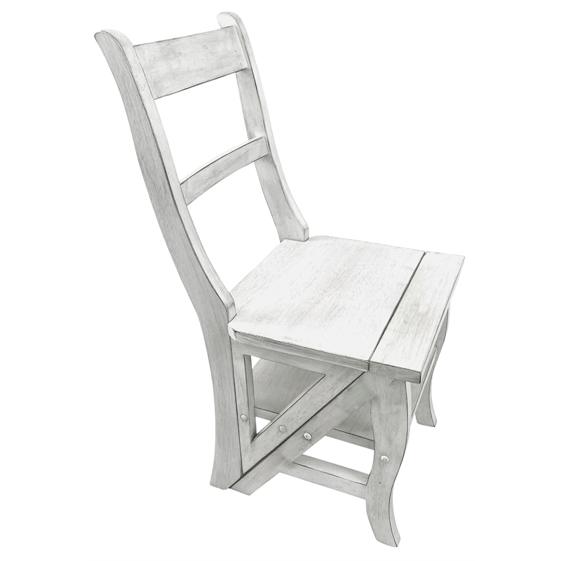 Pemberly Row Contemporary Antique Folding Library Ladder Chair in White