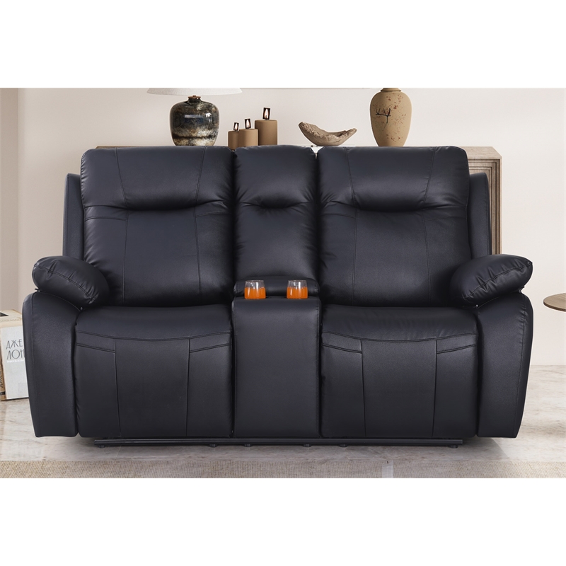 Pemberly Row Manual Faux Leather Recliner Loveseat Sofa w/ Drink Holder in Black