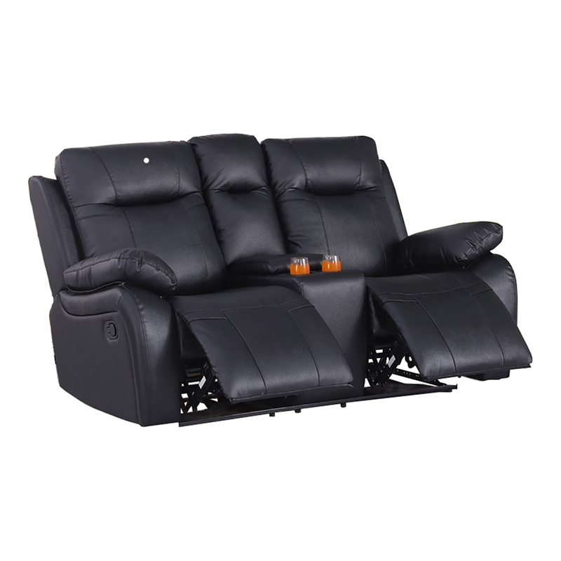 Pemberly Row Manual Faux Leather Recliner Loveseat Sofa w/ Drink Holder in Black