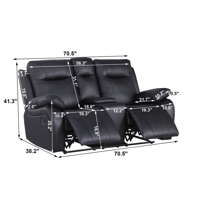 Pemberly Row Manual Faux Leather Recliner Loveseat Sofa w/ Drink Holder in Black