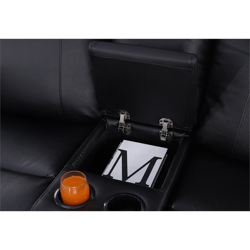 Pemberly Row Manual Faux Leather Recliner Loveseat Sofa w/ Drink Holder in Black